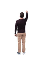 full length portrait of a young casual man presenting something in the back isolated on transparent...