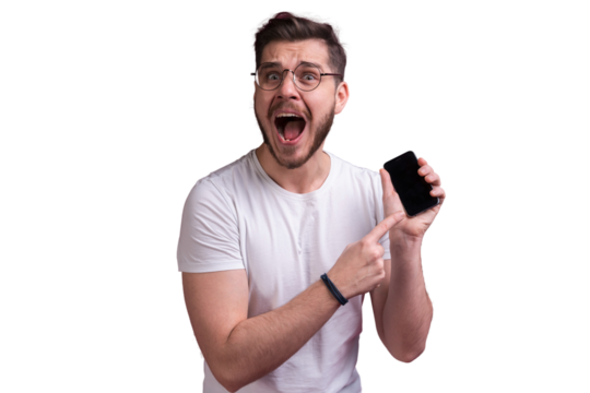 Portrait of a cheerful young man isolated over transparent backgound, showing blank screen mobile phone