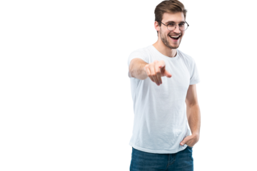 Smiling man pointing his finger to you over transparent background