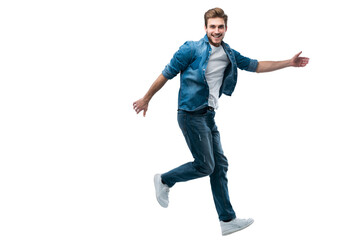 Full-length photo of funny man in casual t-shirt, blazer and jeans running or jumping in air...
