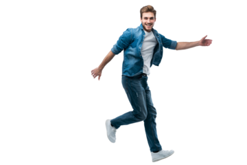 Full-length photo of funny man in casual t-shirt, blazer and jeans running or jumping in air isolated over transparent background