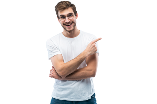 Portrait of a joyful young man pointing fingers away at copy space on his palm isolated over transparent background - Powered by Adobe