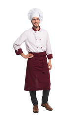 Full length portrait of positive handsome chef cook in beret and white outfit isolated on...