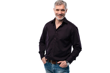 Cheerful man of middle age against transparent background, wearing jeans and black shirt, mid shot
