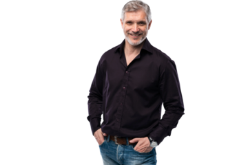 Cheerful man of middle age against transparent background, wearing jeans and black shirt, mid shot