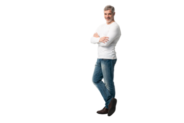 Full body portrait of relaxed mature man standing with arms crossed over transparent background
