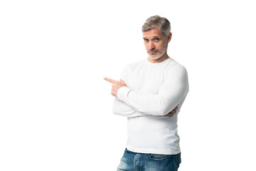 Handsome middle age senior man presenting and pointing with palm of hand looking at the camera over transparent background - Powered by Adobe