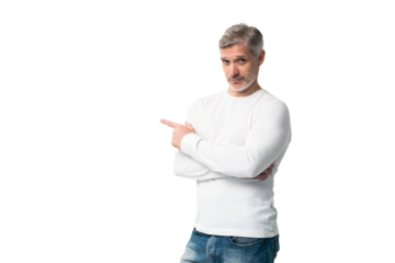 Handsome middle age senior man presenting and pointing with palm of hand looking at the camera over transparent background