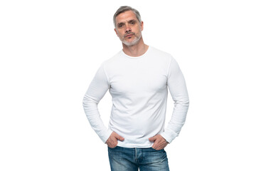 Cheerful man of middle age against transparent background, wearing jeans and white T-shirt, mid shot