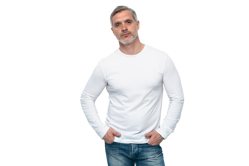 Cheerful man of middle age against transparent background, wearing jeans and white T-shirt, mid shot