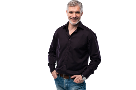 Cheerful man of middle age against transparent background, wearing jeans and black shirt, mid shot