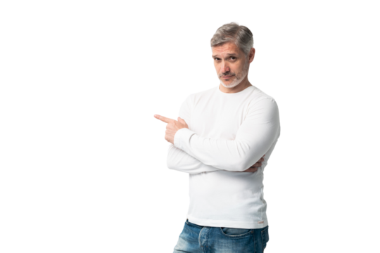 Handsome middle age senior man presenting and pointing with palm of hand looking at the camera over transparent background - Powered by Adobe
