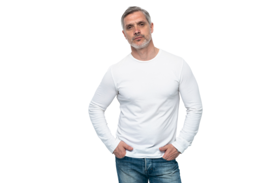 Cheerful man of middle age against transparent background, wearing jeans and white T-shirt, mid shot