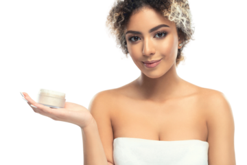 Close-up portrait of happy young beautiful mixed race caucasian - african american woman holding moisturizing facial cream - isolated on transparent