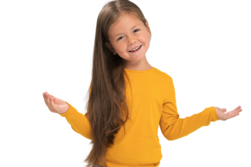Adorable six years old girl isolated on transparent background, pretty brown-haired fringe hairstyle european appearance child pose indoor smiling look at camera, generation Z concept