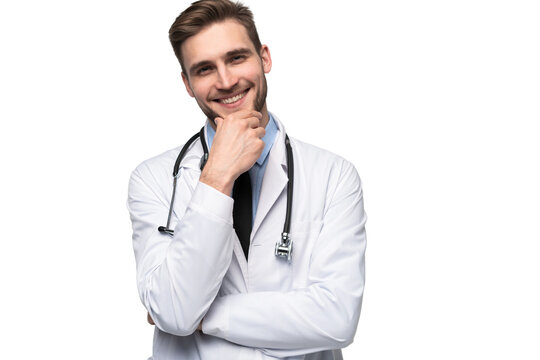 Smiling medical worker in white coat isolated on transparent