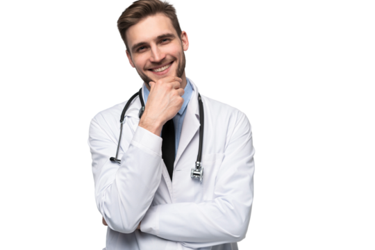 Smiling medical worker in white coat isolated on transparent