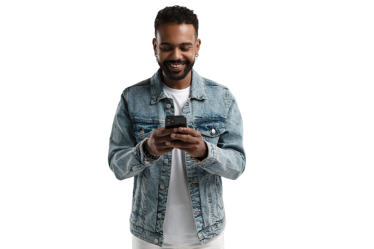 Portrait of handsome excited cheerful joyful delightful guy wearing casual sending and getting messages to his lover isolated against transparent background. Using phone. - Powered by Adobe
