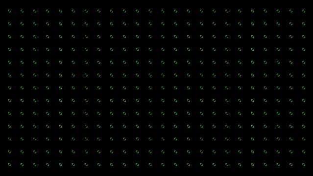 シンプルなカギカッコが回転するパターンの背景向けアニメーション素材　ループ（4秒サイクル）　ビビットなグリーン／黒背景