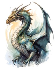 Drawn illustration of an epic dragon with open wing, clip art, digital art, watercolor art, white background