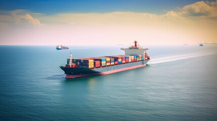 Container ship on the background of the sea, transporting colorful containers. ai generated	