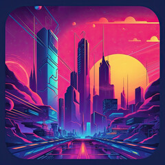 city skyline in the night, neon, 80s, sun, cyberpunk