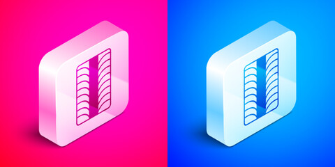 Isometric Car tire wheel icon isolated on pink and blue background. Silver square button. Vector