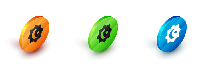 Fototapeta premium Isometric Islamic octagonal star ornament icon isolated on white background. Circle button. Vector