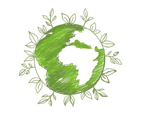 Happy earth day. Ecology concept. Design with globe map drawing and leaves on light brown background. vector. illustration.