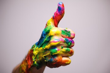 Fototapeta na wymiar Rainbow colored thumbs up fist. LGBT Pride Month celebration generative ai