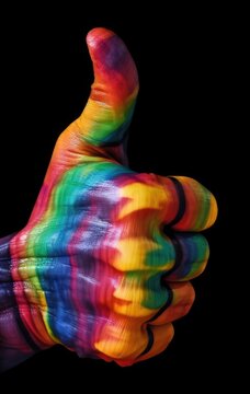 Rainbow colored thumbs up fist. LGBT Pride Month celebration generative ai