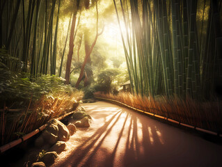 Bamboo forest in Japan - path leading through - early morninig sunlight - serene atmosphere - 593873565