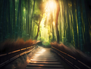 Bamboo forest in Japan - path leading through - early morninig sunlight - serene atmosphere - 593873570