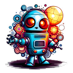 Robot, AI generated digital drawing cartoon sticker, pastels colors to be used for example as stickers, T-shirt prints or as part of a larger image, transparent background