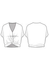 Women's drop shoulder dolman v-neck loose fit top with front twist drape detail technical drawing / flat sketch /CAD / ADOBE Illustrator vector digital download 