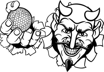 A devil or satan golf sports mascot cartoon character holding a ball