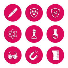 Set Test tube and flask chemical, Magnet, Laboratory glassware or beaker, glasses, Atom, Biohazard symbol on shield and Pipette icon. Vector