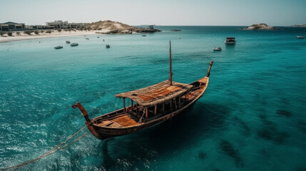 Aerial drone ultra wide panoramic photo of traditional wooden fishing boat anchored in crystal clear turquoise sea in island  Generative AI