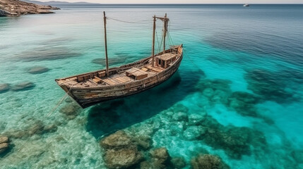 Fototapeta na wymiar Aerial drone ultra wide panoramic photo of traditional wooden fishing boat anchored in crystal clear turquoise sea in island Generative AI
