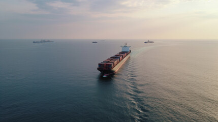 Aerial panorama of a cargo ship carrying container for import and export, business logistic and transportation in open sea with copy space  Generative AI