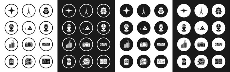 Set Ship, Tourist tent with wood fire, Map pointer Coliseum in Rome, Italy, Wind rose, Eiffel tower, Airline ticket and Suitcase for travel icon. Vector