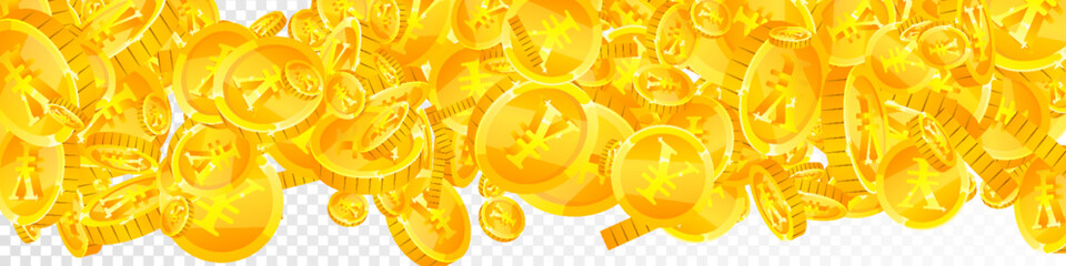 Obraz premium Chinese yuan coins falling. Scattered gold CNY