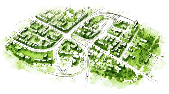Urban planning sketch highlighting sustainable elements like green spaces, public transportation, and pedestrian zones - Generative AI