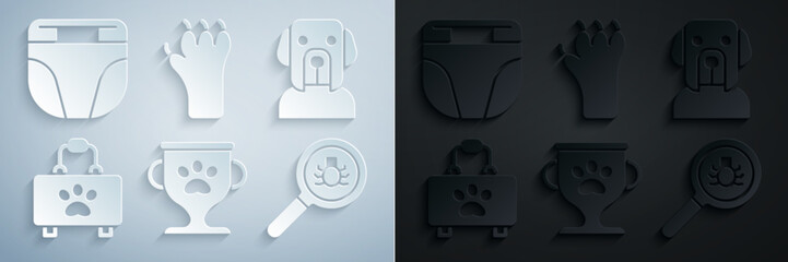 Set Pet award, Dog, first aid kit, Flea search, Paw print and Diaper for dog icon. Vector