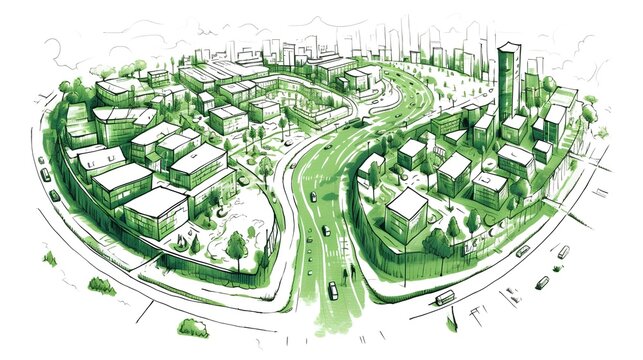 Urban planning sketch highlighting sustainable elements like green spaces, public transportation, and pedestrian zones - Generative AI