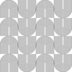 Modern vector abstract seamless geometric pattern with semicircles and circles in retro  style. Black u shapes on white background. Minimalist illustration in Bauhaus style with simple shapes.