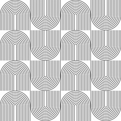 Modern vector abstract seamless geometric pattern with semicircles and circles in retro  style. Black u shapes on white background. Minimalist illustration in Bauhaus style with simple shapes. © dinadankersdesign