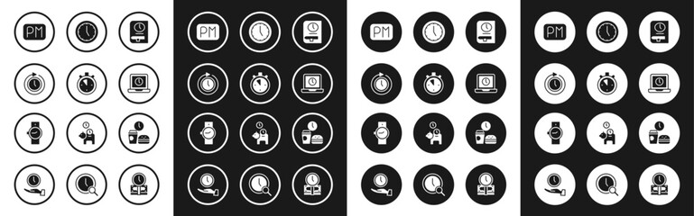 Set Time for book, Stopwatch, Clock with arrow, Day time, Laptop, Fast food and Wrist icon. Vector