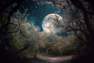 Fairy winter forest moon. Generate Ai