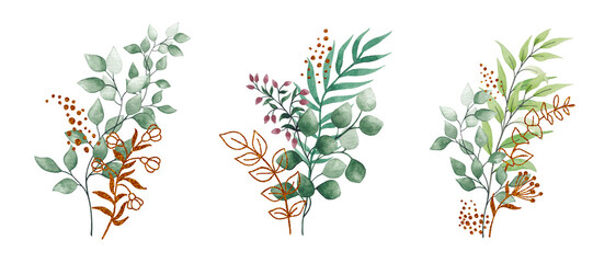 Set of watercolor floral illustrations - collection of green leaves, for wedding stationery, congratulations, wallpaper, fashion, background. Eucalyptus, olive, green leaves, etc.